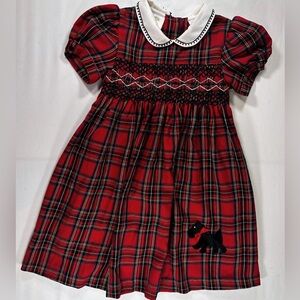 Girls Little Bitty Red Tartan Smocked Holiday Dress w/ Scottie Dog Size 4